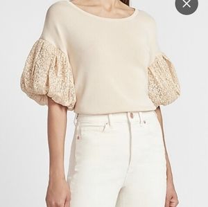 Express Pink Knit Sweater  Lace Puff Short Sleeve sz Small